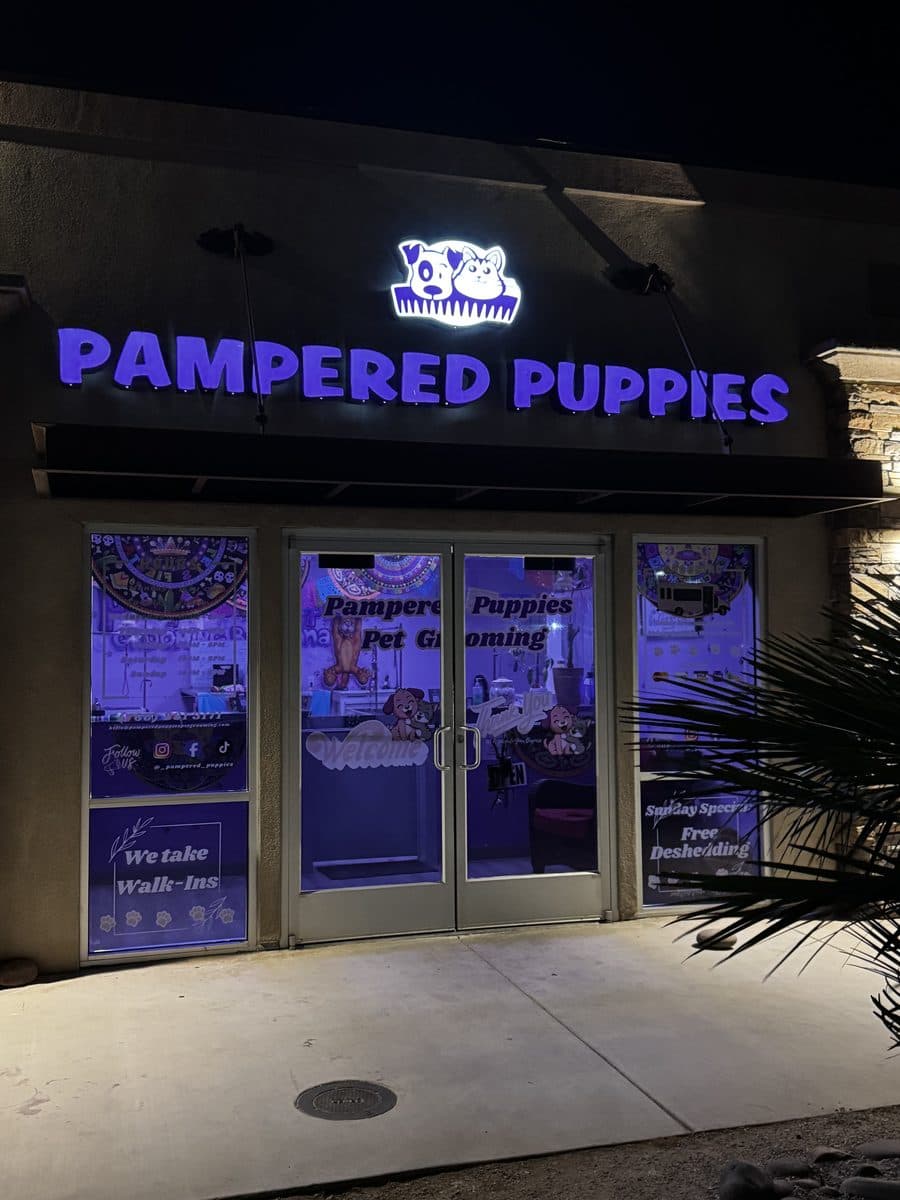 The Pampered Puppies storefront at 15444 Bear Valley Rd, Victorville, CA
